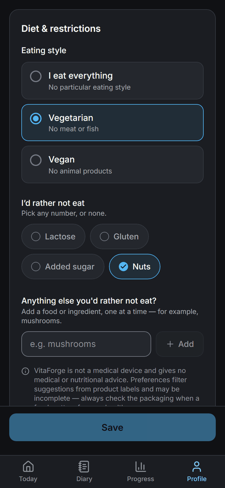 Food preferences in settings