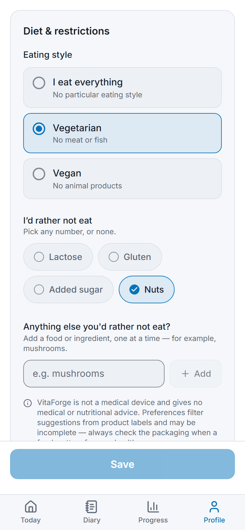 Food preferences in settings